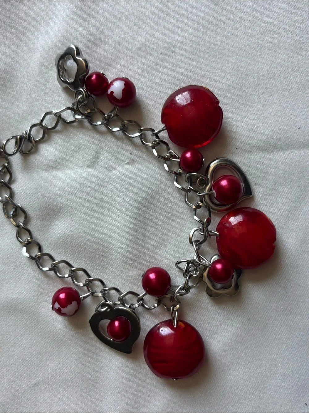 Red Beaded Heart Charm Bracelet - Women Jewelry